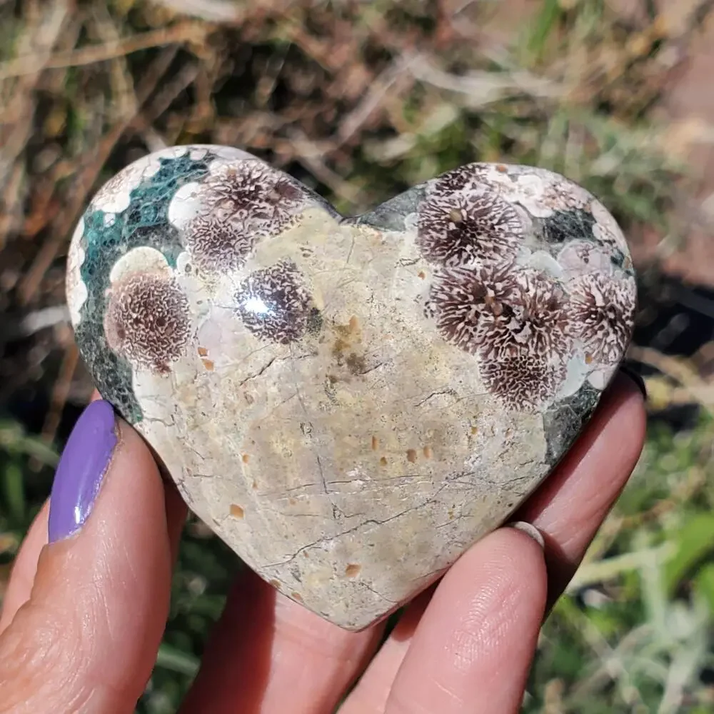Green Rhyolite Cherry Blossom Puffy Heart Crystal Carving 96 grams